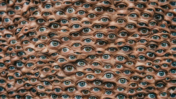 Ein dichtes Muster identischer, starrender Augen mit t�rkisfarbenen Iris auf einer strukturierten Oberfl�che.