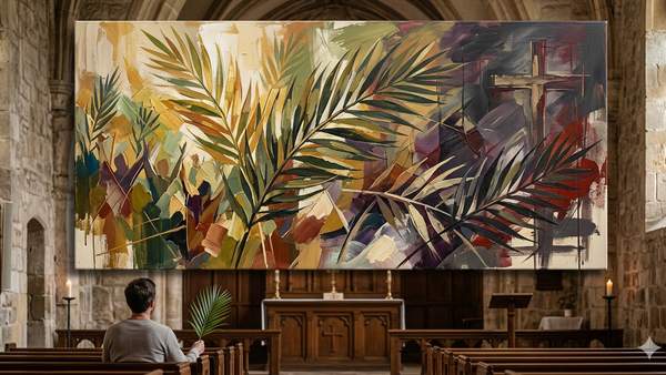 Ein Mann betet in einer Kirche unter einem farbenfrohen Wandgem�lde, das Palmzweige und eine Kreuzigungsszene darstellt.