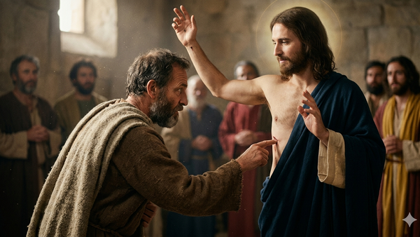 Ein b�rtiger Mann ber�hrt in einer g�ttlichen, heilenden Geste die Brust Jesu, umgeben von Zuschauern.
