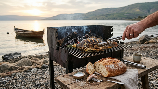 Eine Person grillt Fleisch am Wasser mit einem malerischen Sonnenuntergang, begleitet von Brot und Gew�rzen.