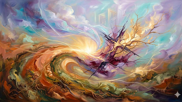 Surreal wirbelnde Landschaft mit einem kahlen Baum inmitten lebendiger, kosmischer Energie und flie�ender abstrakter Farben.