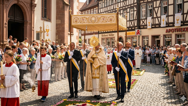 Eine religi�se Prozession mit Geistlichen in traditionellen Gew�ndern und Sch�rpen, die ein verziertes Kreuz durch einen historischen Stadtplatz tragen.